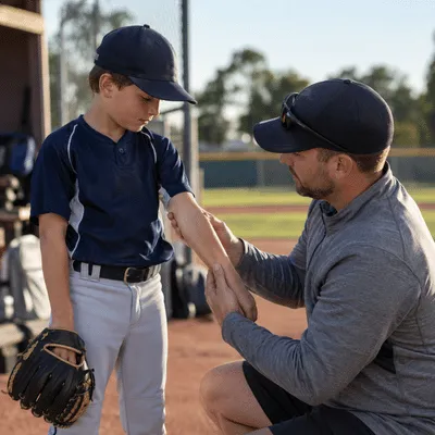 An adult gently checks a young baseball player's arm at the field as part of monitoring for little league elbow concerns