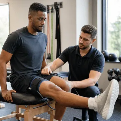 A therapist applies blood flow restriction therapy while a patient performs seated leg extension training