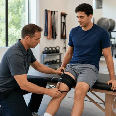 A therapist adjusts a thigh cuff before blood flow restriction therapy for a patient