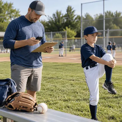 A parent tracks practice activity while a young baseball player stretches, showing habits that may help reduce little league elbow risk