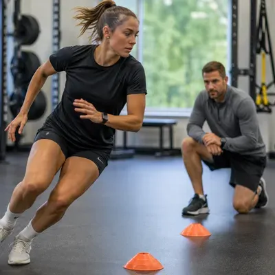 Female athlete performs agility drills with cones while therapist observes sport-specific conditioning during performance rehab