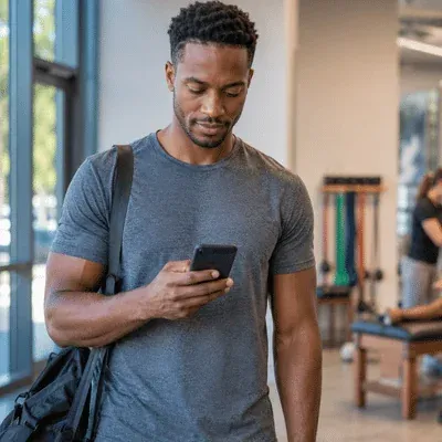 An athlete uses his smartphone inside a rehabilitation clinic while searching for sports physical therapy services