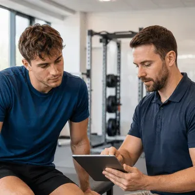 A physical therapist reviews rehabilitation results on a tablet with an athlete to evaluate progress during ACL surgery recovery time