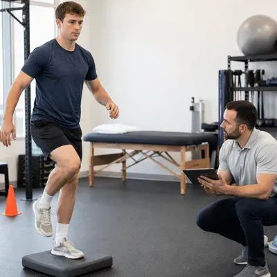 Athlete performs resistance band exercise during rehabilitation with therapist supervision