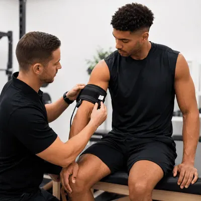 Therapist applies blood flow restriction cuff to athlete