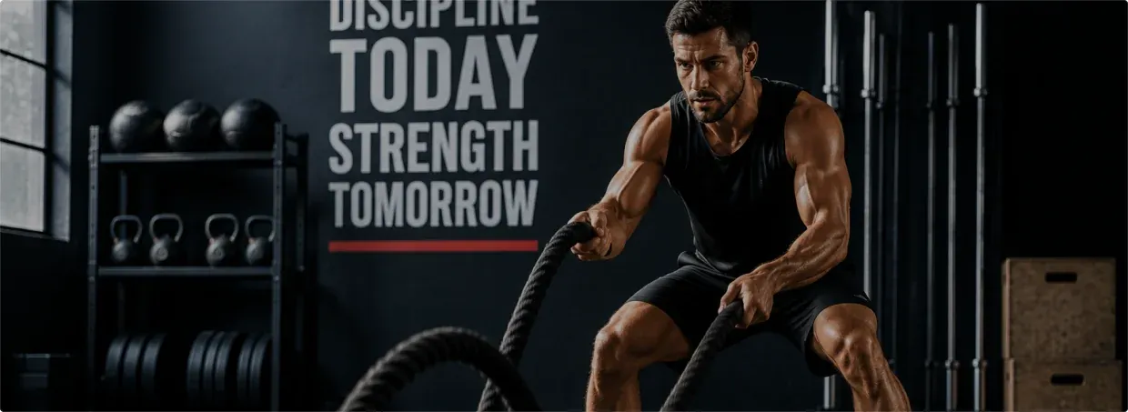 Man driving heavy battle ropes down in a low athletic stance inside a gym