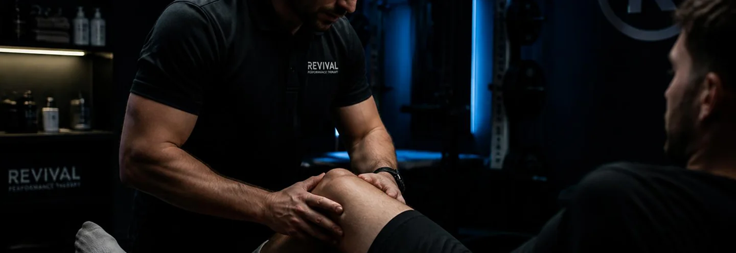 Sports physical therapist performing sports rehabilitation treatment on an athlete at AthleteRX in Parker, TX.