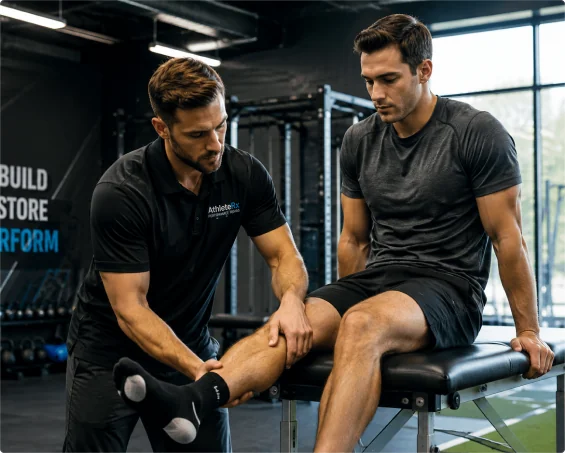 Sports physical therapist evaluating an athlete's lower leg on a treatment table.