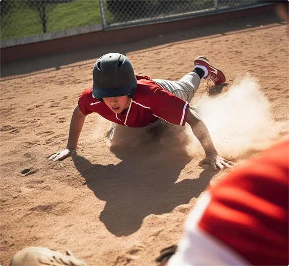 Young baseball player sliding into a base as part of a training program for youth and high school throwers.