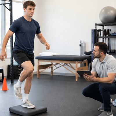 Athlete performs resistance band exercise during rehabilitation with therapist supervision