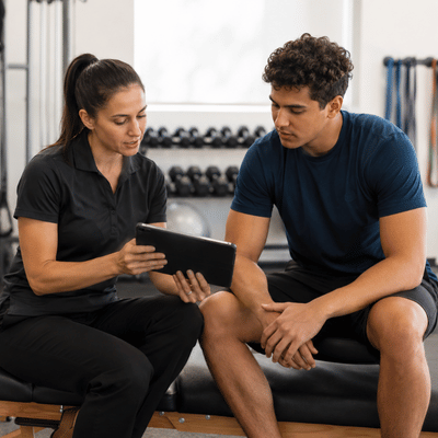 Therapist reviews return to sport testing results with athlete on tablet