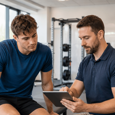 A physical therapist reviews rehabilitation results on a tablet with an athlete to evaluate progress during ACL surgery recovery time