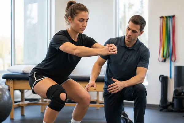 A female athlete performs a controlled squat while a therapist checks her form during athlete rehabilitation in a clinic