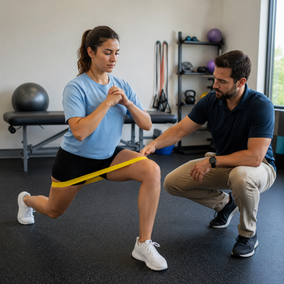 Female athlete performs resistance band squat exercise while therapist provides guidance during foundational strength training
