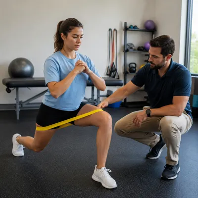 Female athlete performs resistance band squat exercise while therapist provides guidance during foundational strength training