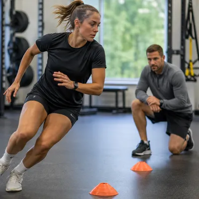 Female athlete performs agility drills with cones while therapist observes sport-specific conditioning during performance rehab