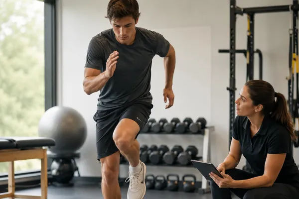 An athlete performs return to sport testing in a physical therapy clinic while a therapist observes his single-leg balance and movement control