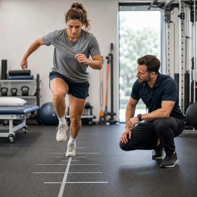 Athlete performs a hop test on a marked grid while a therapist observes movement quality during return to sport testing