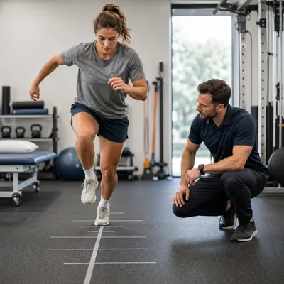 Athlete performs a hop test on a marked grid while a therapist observes movement quality during return to sport testing