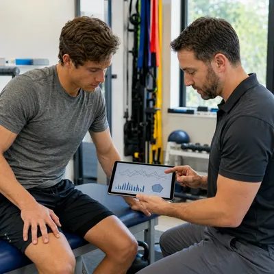 Sports physical therapist reviews return to sport testing data on a tablet with an athlete in a performance rehab clinic