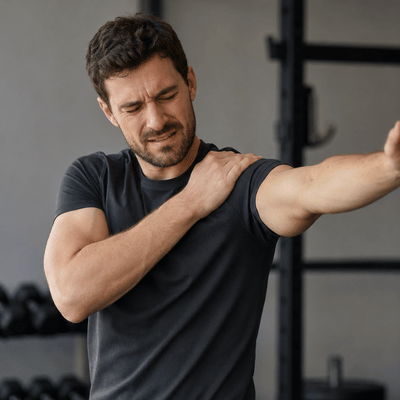 An athlete holds his shoulder while raising his arm in a gym, illustrating discomfort that may affect shoulder impingement recovery time