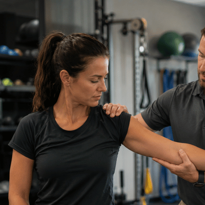 A physical therapist performs a shoulder assessment on an athlete to evaluate rotator cuff strength and track shoulder impingement recovery time progress