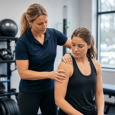 Therapist performs shoulder manual therapy assessment on female athlete