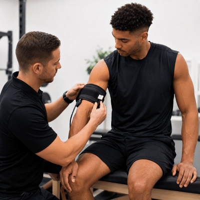 Therapist applies blood flow restriction cuff to athlete's arm during training