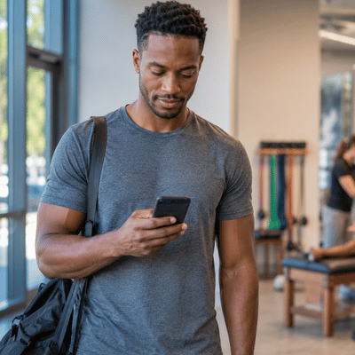 An athlete uses his smartphone inside a rehabilitation clinic while searching for sports physical therapy services