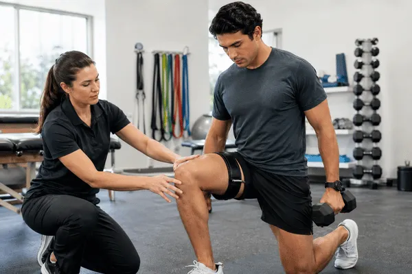 A therapist checks an athlete's knee during a lunge exercise using blood flow restriction therapy