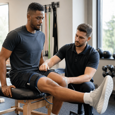 A therapist applies blood flow restriction therapy while a patient performs seated leg extension training
