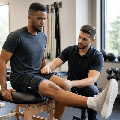 A therapist applies blood flow restriction therapy while a patient performs seated leg extension training