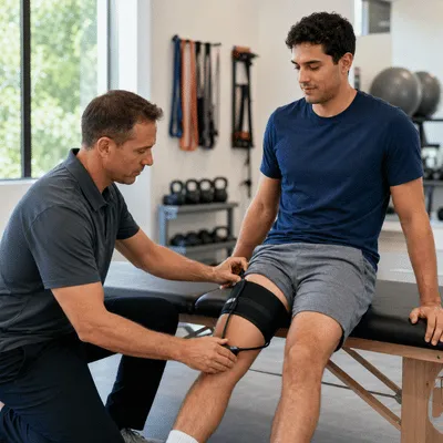 A therapist adjusts a thigh cuff before blood flow restriction therapy for a patient's knee exercise