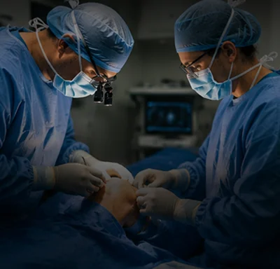Orthopedic surgeons performing knee surgery in an operating room.