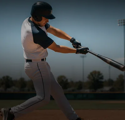 Baseball player practicing a swing during baseball injury recovery and training.