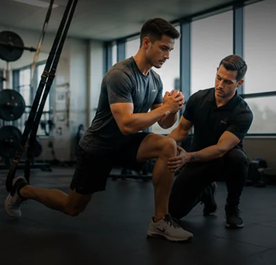 Athlete performing a lunge exercise in a gym while a sports therapy professional kneels and observes.