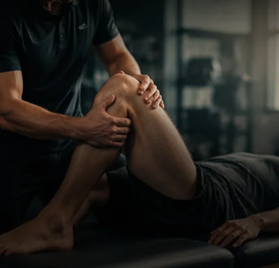 Sports physical therapist examining an athlete's knee on a treatment table in a gym.