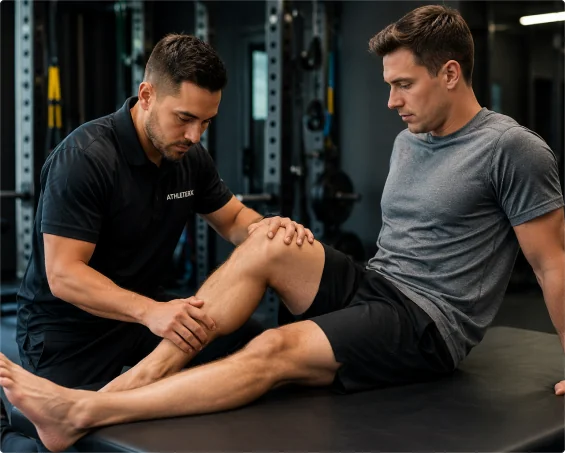 Physical therapist examining a client's knee and lower leg on a treatment table in a gym setting.
