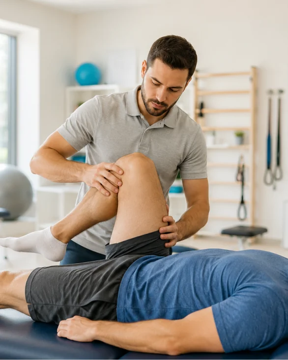 Sports physical therapist examining an athlete's knee mobility on a treatment table during sports physical therapy rehab and treatment.