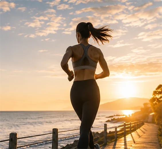 Female runner jogging along a coastal boardwalk at sunrise.