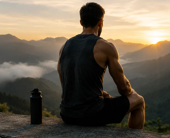 Resting athlete gazing across a mountain range at sunrise.