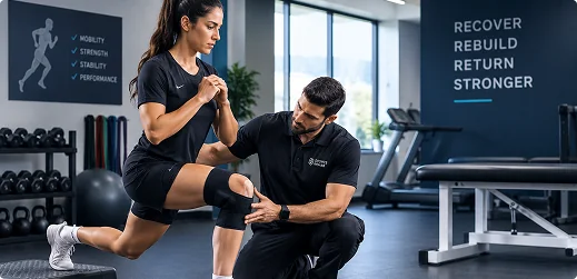 Physical therapist checking a knee brace on an athlete performing a lunge during a post-surgical physical therapy session.
