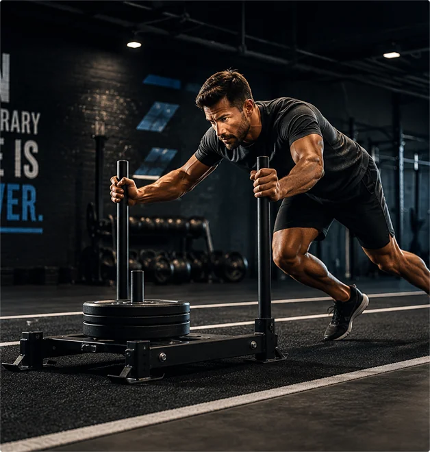 Male athlete forcefully pushing a loaded weight sled across an indoor gym floor during a sports physical therapy and training session.