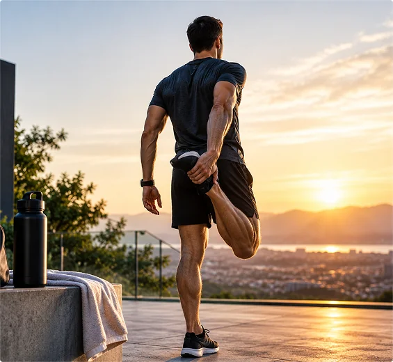 Man stretching his quad on an elevated outdoor terrace at sunrise, with a water bottle and towel resting on a concrete ledge.