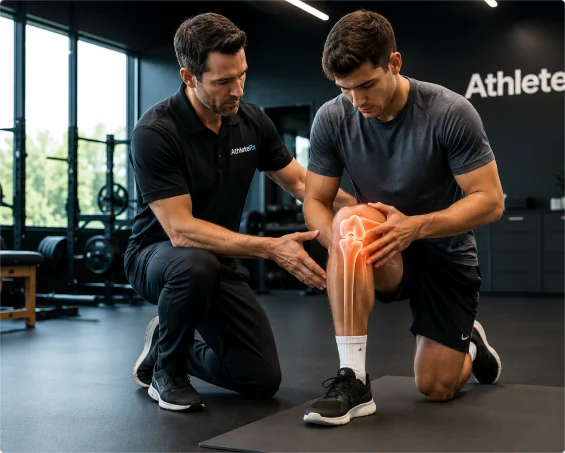 Sports physical therapist evaluating an athlete's knee with an anatomical joint graphic.